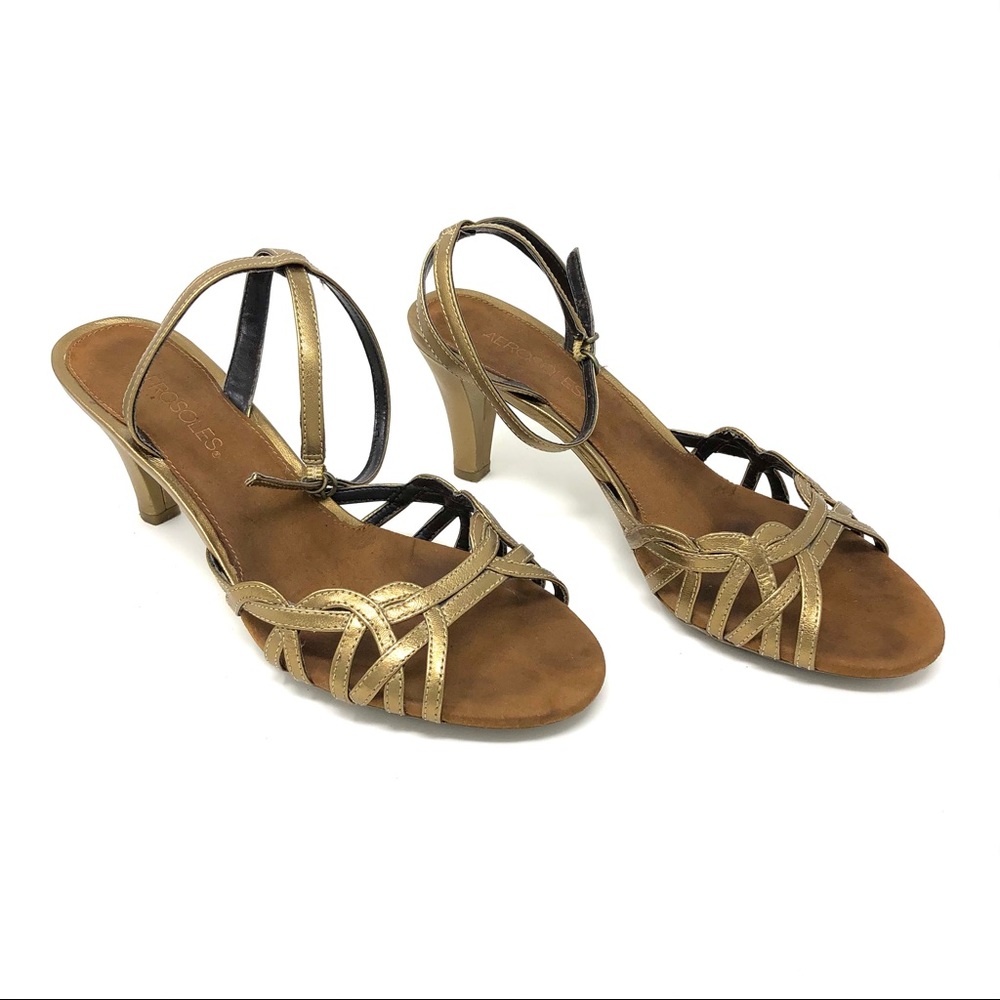 Aerosoles Gold Leather Ankle Strap Heels